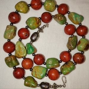Southwestern Turquoise Necklace Accentuated with Red Coral and Silver